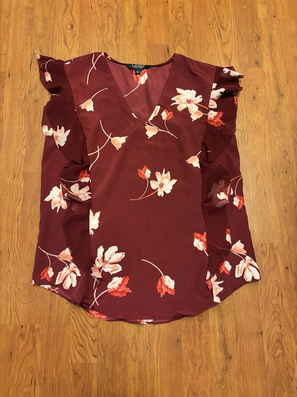 Lauren Ralph Lauren Womens Sleeveless Ruffled Blouse Maroon Floral Beaded Size L